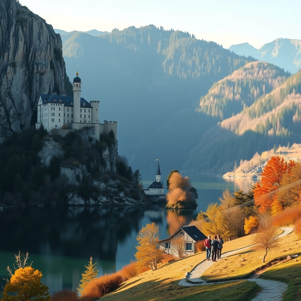 Grad na pečini nad alpskim jezerom v Sloveniji