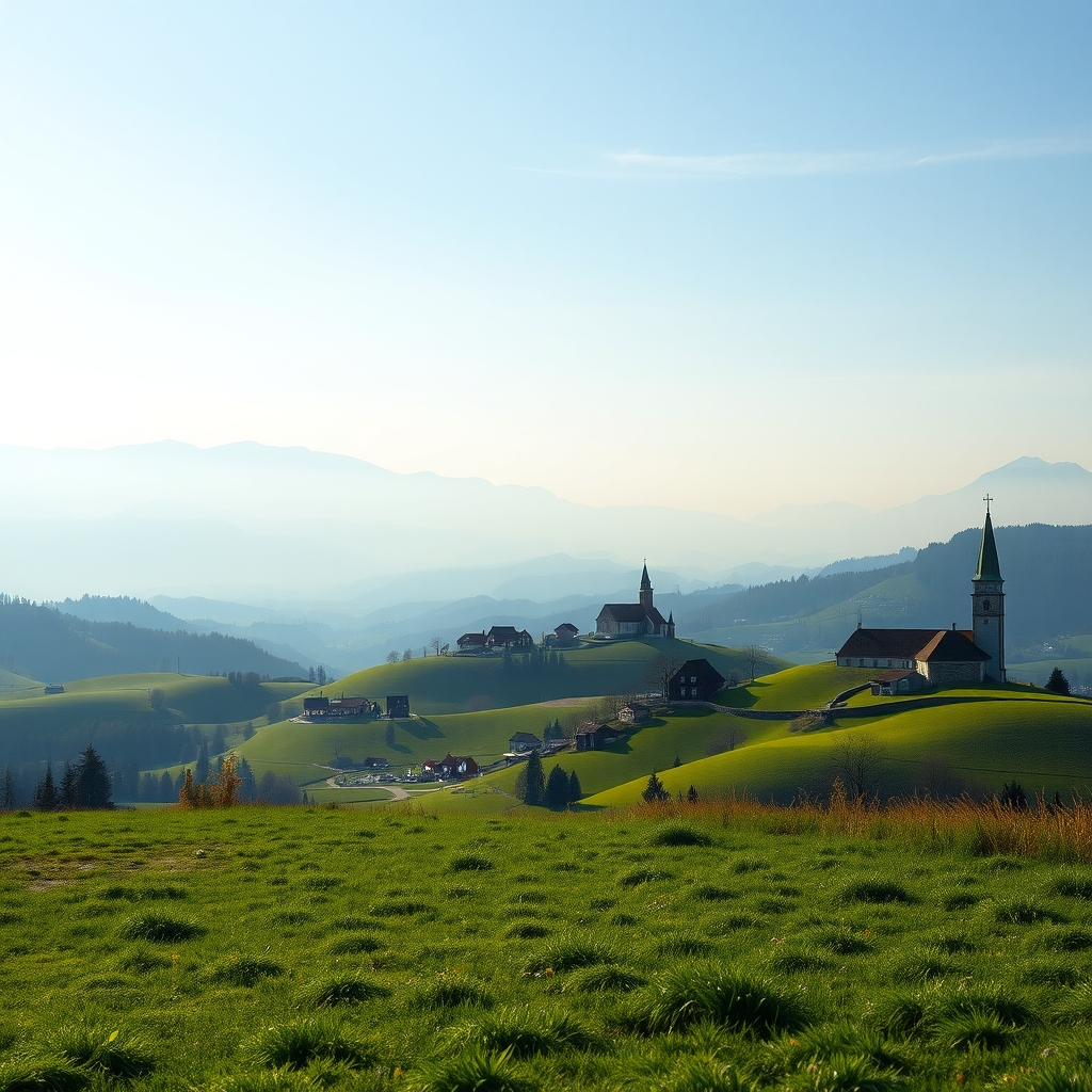 Pogled na slovensko gričevje z vasmi in Alpami v ozadju